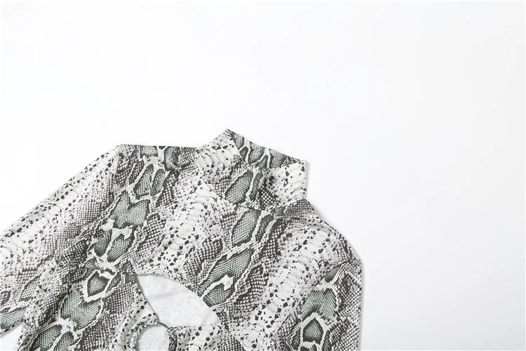 Nibber Hipster Maxi Dress Sexy Snakeskin Print Women Chest Hollow Metal Ring Turtleneck Peach Hip Street Stretch Skinny Vestidos