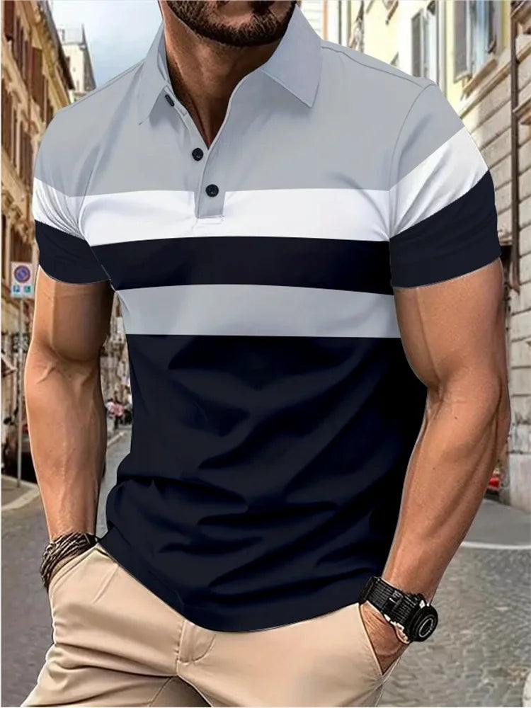 Men's Casual Polo Shirt Fashion Stitching Line Design Slight Stretch Comfortable Fabric Plus Size Men's Lapel Short Sleeves Top