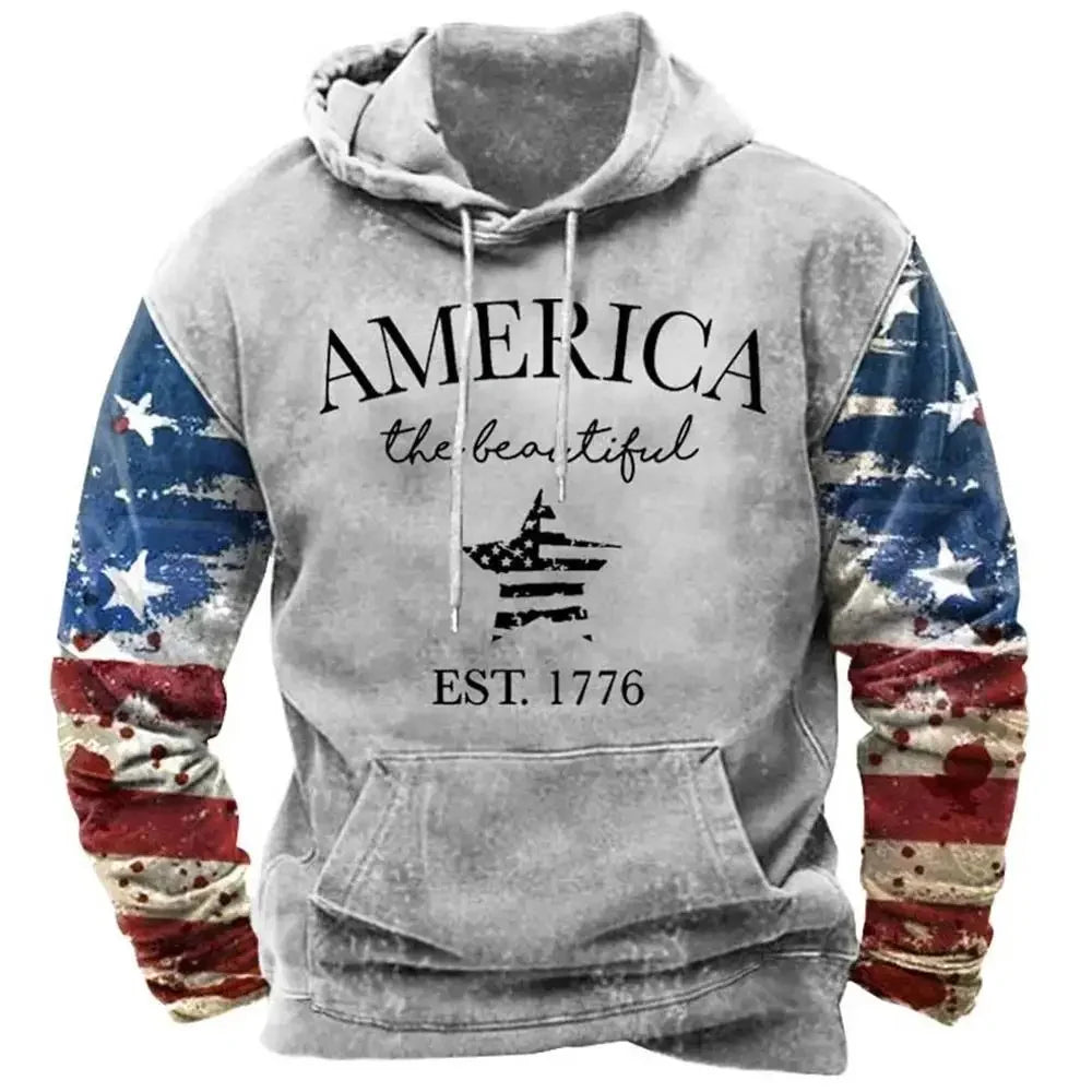 Fashionable American Flag Printed Men's Hoodie Trendy Harajuku Retro Clothing Spring and Autumn New Hoodie Sportswear