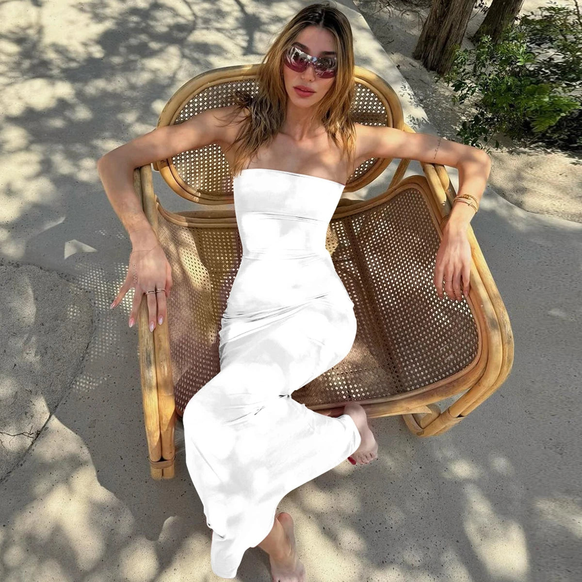Hugcitar Elegant Women Solid Strapless Backless Bandage Sexy Bodycon Maxi Dress Summer Women Y2K Clothes Beach Vacation Party