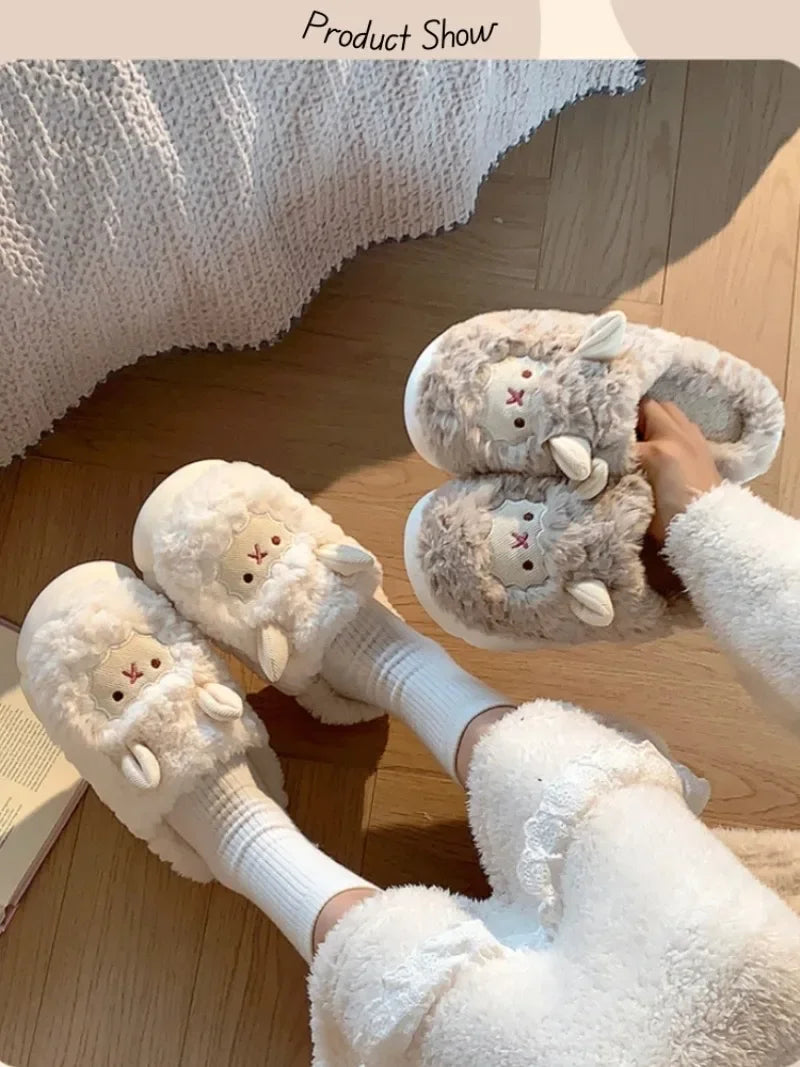 Winter Cartoon Plush Slippers Warm Fluffy Faux Fur Sheep Design Indoor Home Couple Cotton Slippers for Men And Women