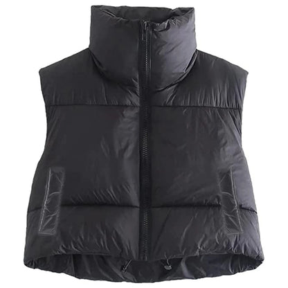 Fall Winter Warm Cropped Vest Jackets for Women Fashion Sleeveless Stand Collar Zip Up Puffer Waistcoat Street Style Outwear