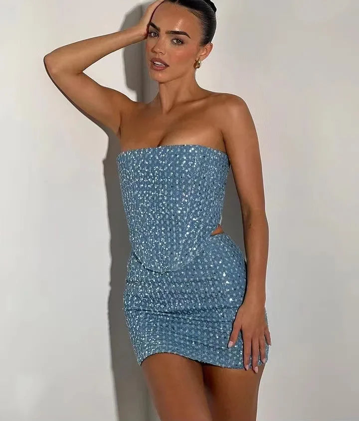 Women Blue Sequined Denim 2 Piece Sets Sexy Strapless Top Stylish Woman Mini Skirt Sets Tweed Set Summer Nightclub Outfits