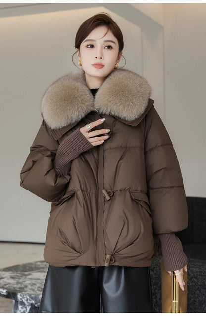 2025 Down Cotton Short Padded Jacket Women Parkas Fur Collar Autumn Winter Thick Coats Female Black Casual Outerwear Clothes