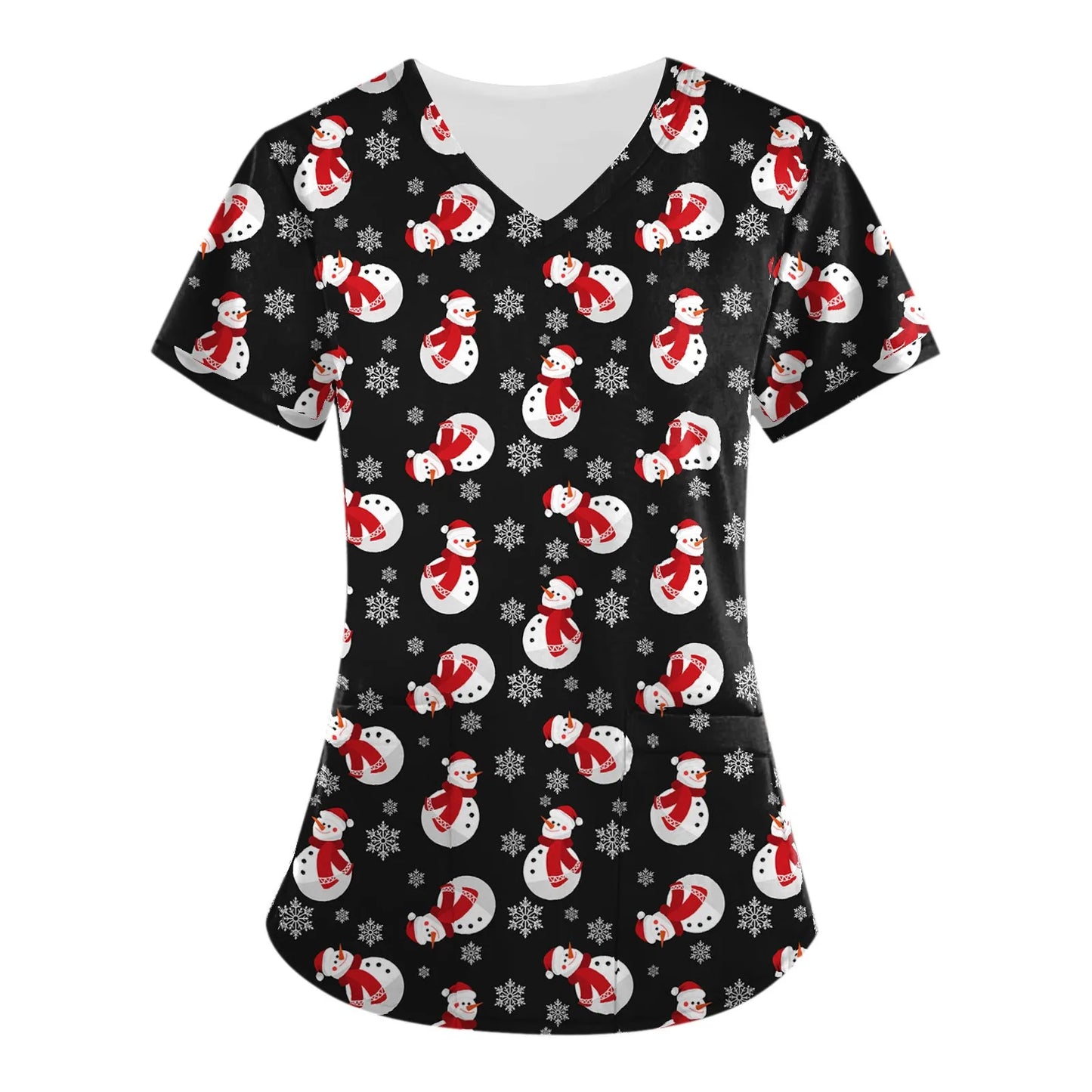 Christmas Clinical Uniform Woman Cartoon Print Uniforms Casual V-Neck Nurse Uniform Woman Tops With Pocket Scrub Tops