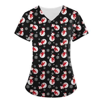 Christmas Clinical Uniform Woman Cartoon Print Uniforms Casual V-Neck Nurse Uniform Woman Tops With Pocket Scrub Tops