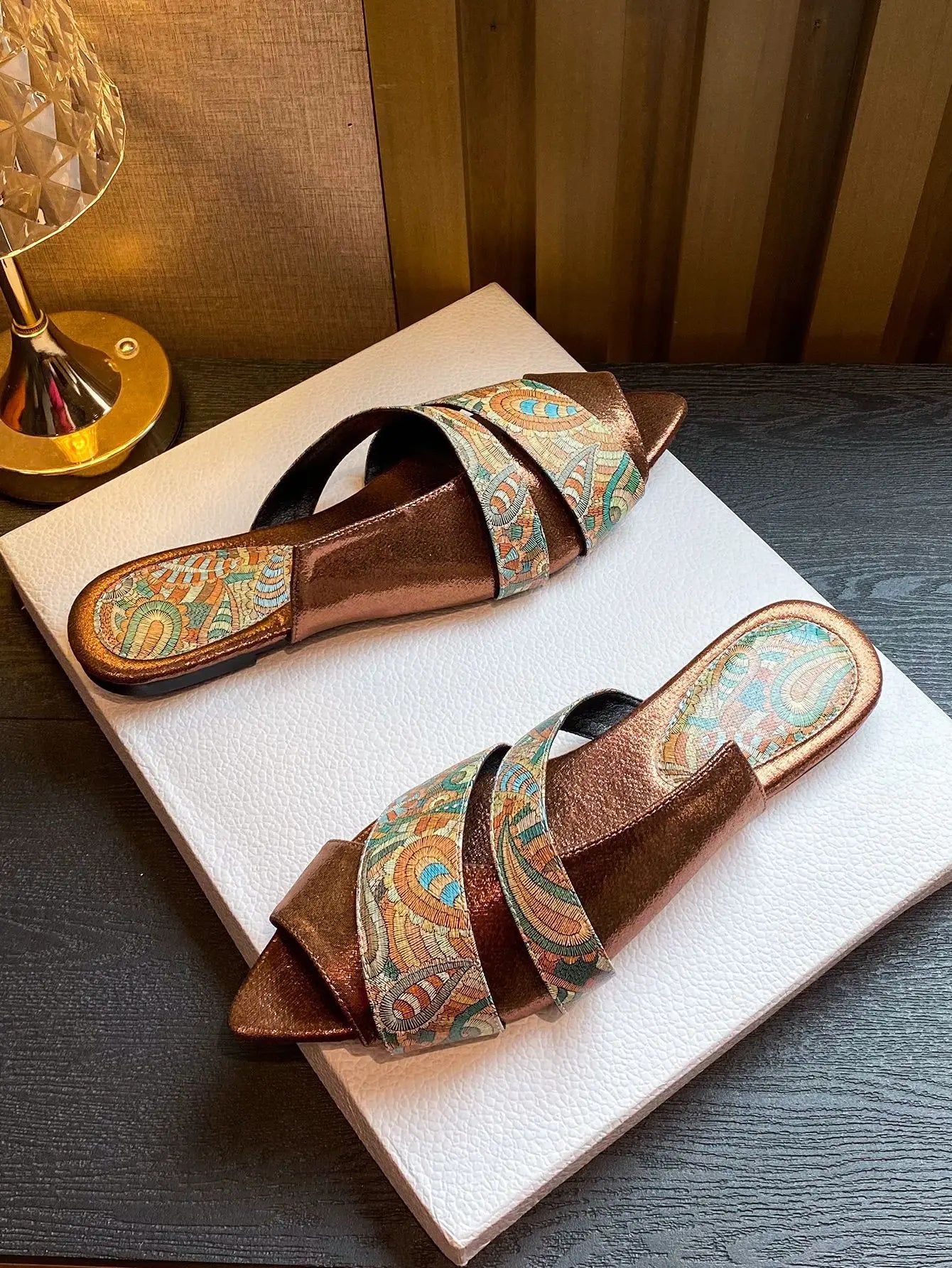 Women's sandals flat pointed Peep Toe slippers totem large size shoe snake pattern stone pattern sandals for women Flat slippers