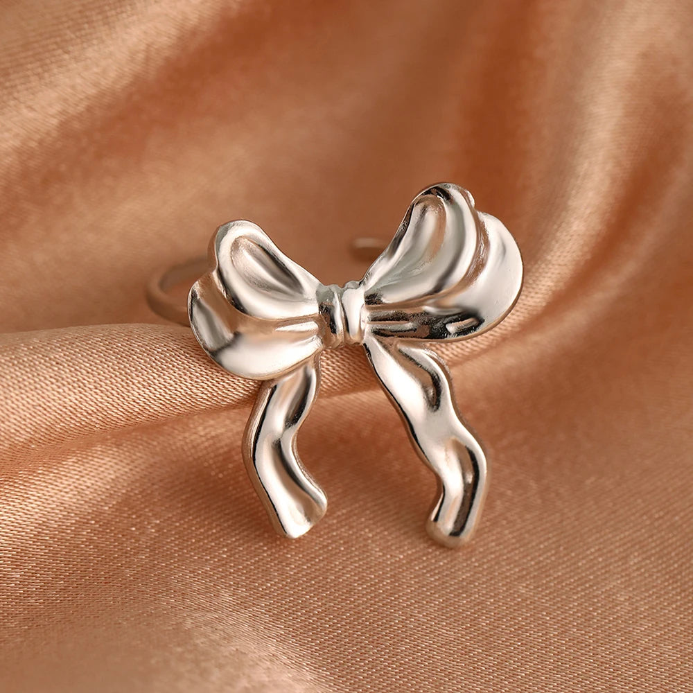 DGIDDK Stainless Steel Bow Ring Lightweight Luxury Elegant Stainless Steel Vintage Premium Feeling Jewelry For Women