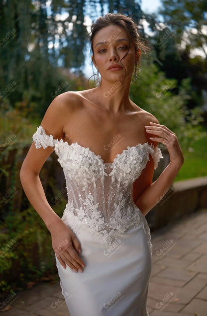 Vintage Wedding Dresses Satin Bridal Gowns Lace Appliques Off The Shoulder Robes Sweep Train Vestidos De Novia Customized 2025