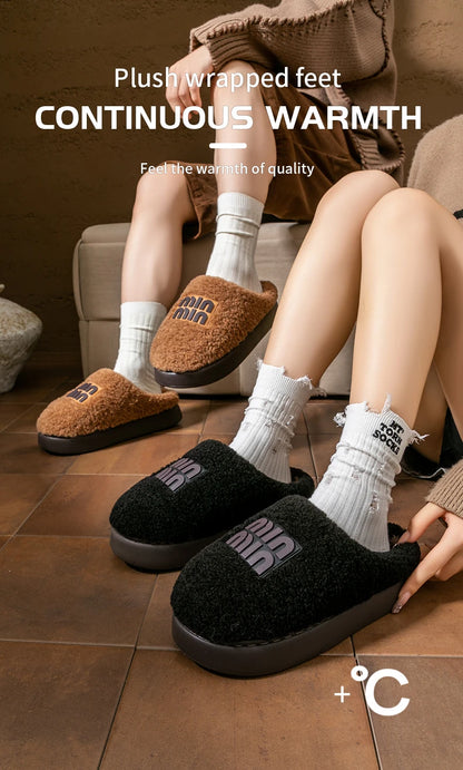 New plush cotton slippers for women, autumn and winter indoor thick sole with plush anti slip slippers, thickened cotton slipper