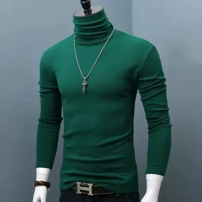 Slim Fit High Collar Long Sleeve Men's Base Shirt Inner Wear Simple Pure Color Large Size Warm Autumn Winter T-shirt Trendy Bran