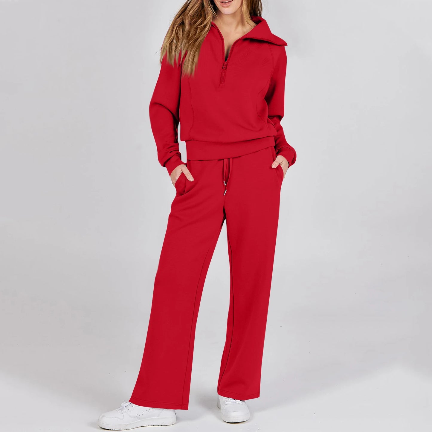 Solid Two-piece set Women Fashion Long Sleeve Zipper Sweater Pullover Tie up Pocket Wide Leg Pant Suit Loose Casual Sport Sets