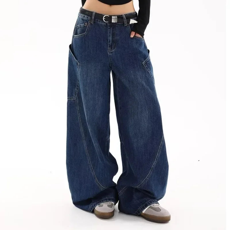 American Retro Knife Pocket Wide Leg Jeans Women's Spring Autumn Style Hot Girl High Street Design Loose Floor-Length Pants
