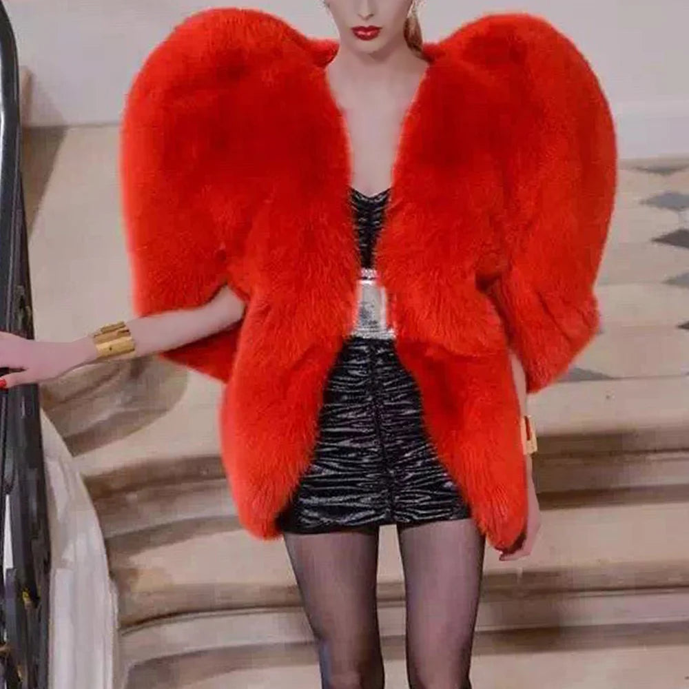 2025 Women Winter Furry Red Heart Faux Fur Coat Female Plus Size Sleeveless Plush Jacket Lady Large Loose Warm Fluffy Cardigan