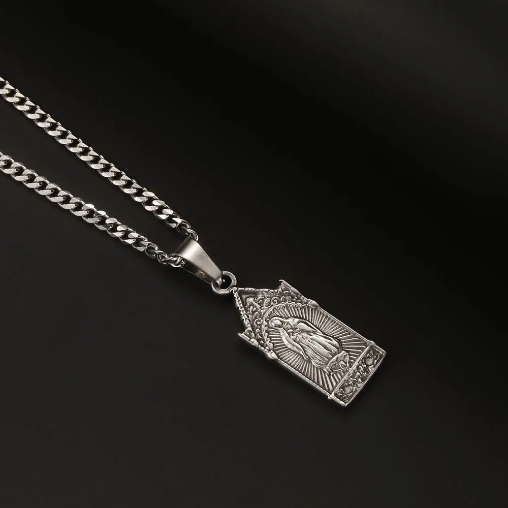 1PC Vintage Fadeless Stainless Steel Virgin Mary Necklace for Men Women Saint Benedict Medal Necklace Men Spiritual Jewelry