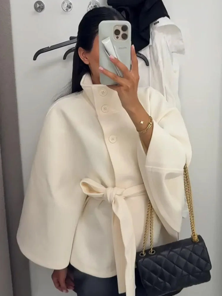 Elegant Fleece Women's Coats Solid Stand Long Sleeve Belted Lace-Up Button Jackets 2025 Autumn Winter Outerwear Female Tops