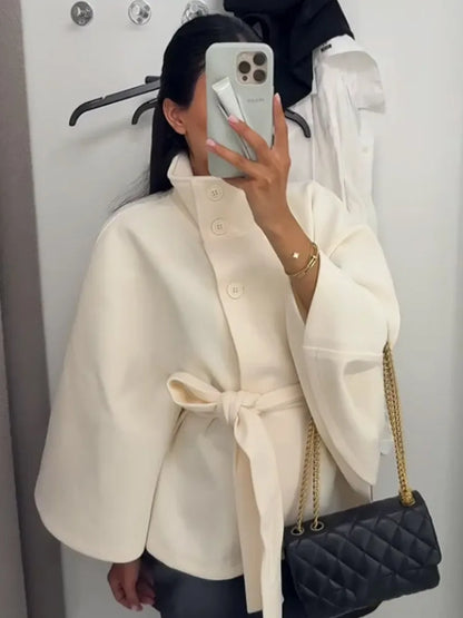 Elegant Fleece Women's Coats Solid Stand Long Sleeve Belted Lace-Up Button Jackets 2025 Autumn Winter Outerwear Female Tops