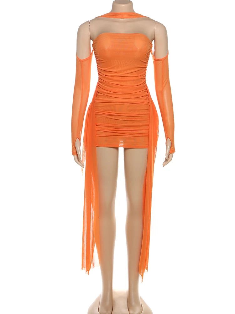 Nibber Summer Vacation Sexy See Through Dress+Shawl Women Ruched Side Ribbon Coquette Skinny Midnight Clubwear Party Bodycon