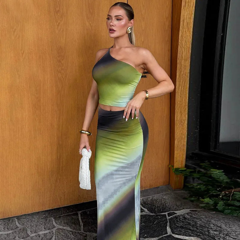 Elegant One Shoulder Green Gradient Color Vacation Beach Dress 2 Piece Set Women One Shoulder Backless Tank Top Long Skirts Suit