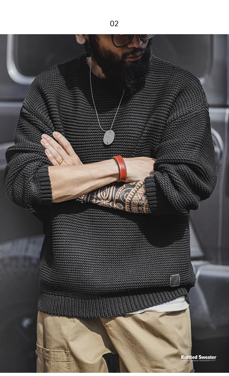 Maden Retro Heavyweight Knitted Sweater Loose Round Neck Pullover Warm Versatile Base Layer Knitwear for Men's Autumn and Winter
