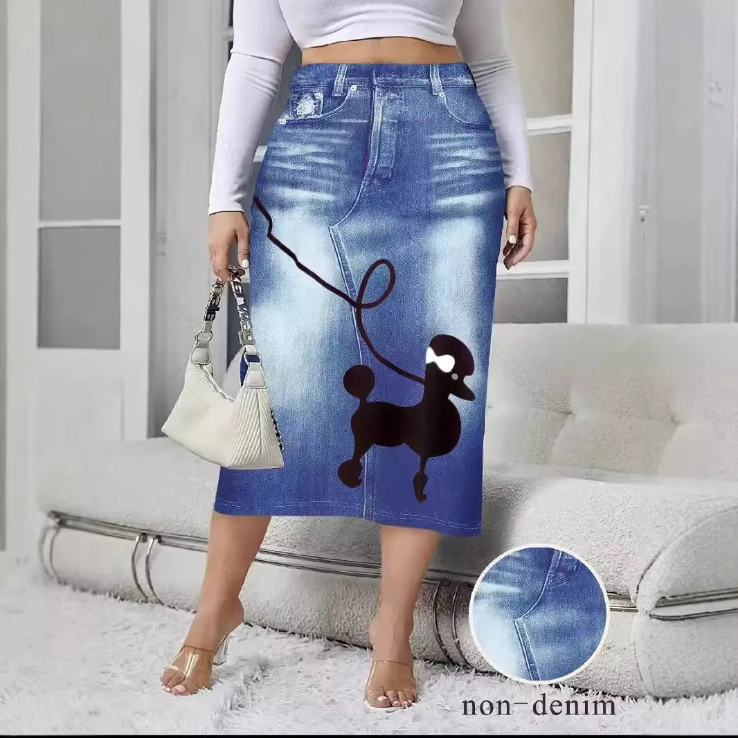 2026 Women's Spring Autumn Elegant Modest Plus size Skirts Fashion Women Silm Fit Dress Imitation Denim Print Bag Hip Skirt
