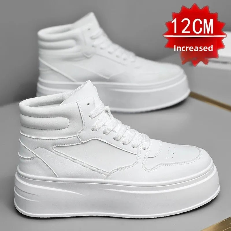 New Autumn/Winter Men's Casual Sneakers 12cm Increased Height 10cm Thick Sole White Shoes High Top Rubber Base Male Footwear