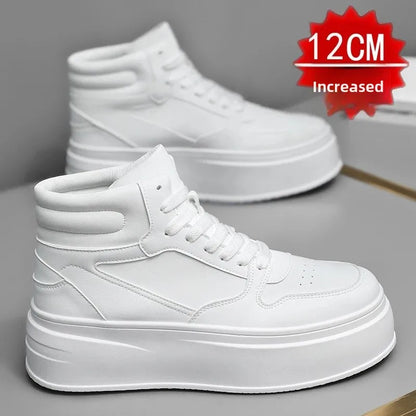 New Autumn/Winter Men's Casual Sneakers 12cm Increased Height 10cm Thick Sole White Shoes High Top Rubber Base Male Footwear