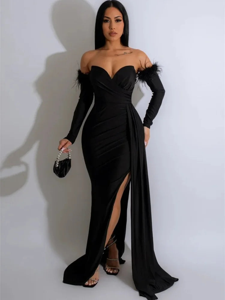 Sexy Off Shoulder Strapless Evening Long Dresses Women Elegant Party Formal Mermaid Wedding Dinner Guest Dress with Oversleeve