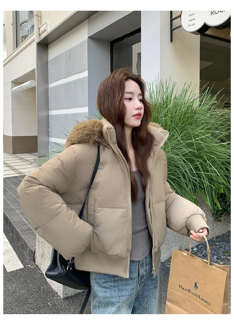 Casual Warm Fur Hooded Cropped Parkas Chic Streetwear Korean Style Down Cotton Coat Thicken Short Women's Winter 2025 Jacket