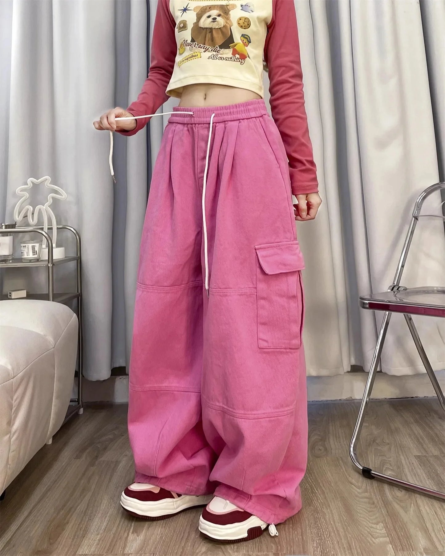 Deep Blue Pure Cotton Work Trousers Loose Wide Leg Floor-Length Women's Style Spring Summer Casual Pants Trendy Fashion