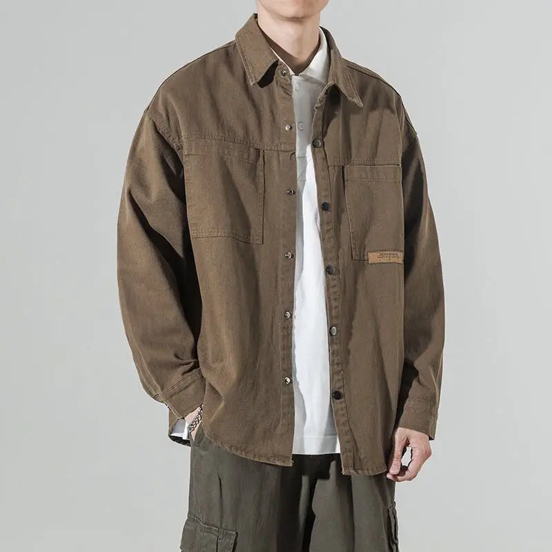 Men's Loose Fit Casual Work Shirt Jacket Spring Autumn Solid Color Cardigan Lapel Jacket Fashion Trendy Brand