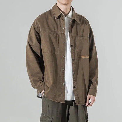 Men's Loose Fit Casual Work Shirt Jacket Spring Autumn Solid Color Cardigan Lapel Jacket Fashion Trendy Brand