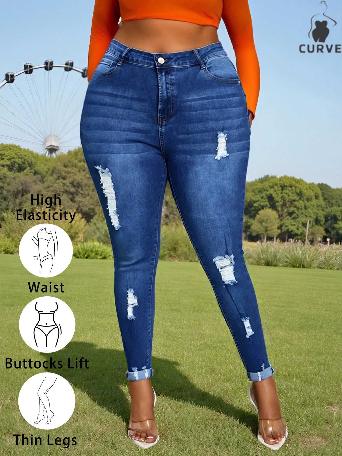 Plus-Size Women's Classic Washed Blue Denim Pants – Comfortable Stretch Fabric, Snug Fit