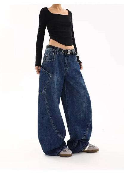 American Retro Knife Pocket Wide Leg Jeans Women's Spring Autumn Style Hot Girl High Street Design Loose Floor-Length Pants