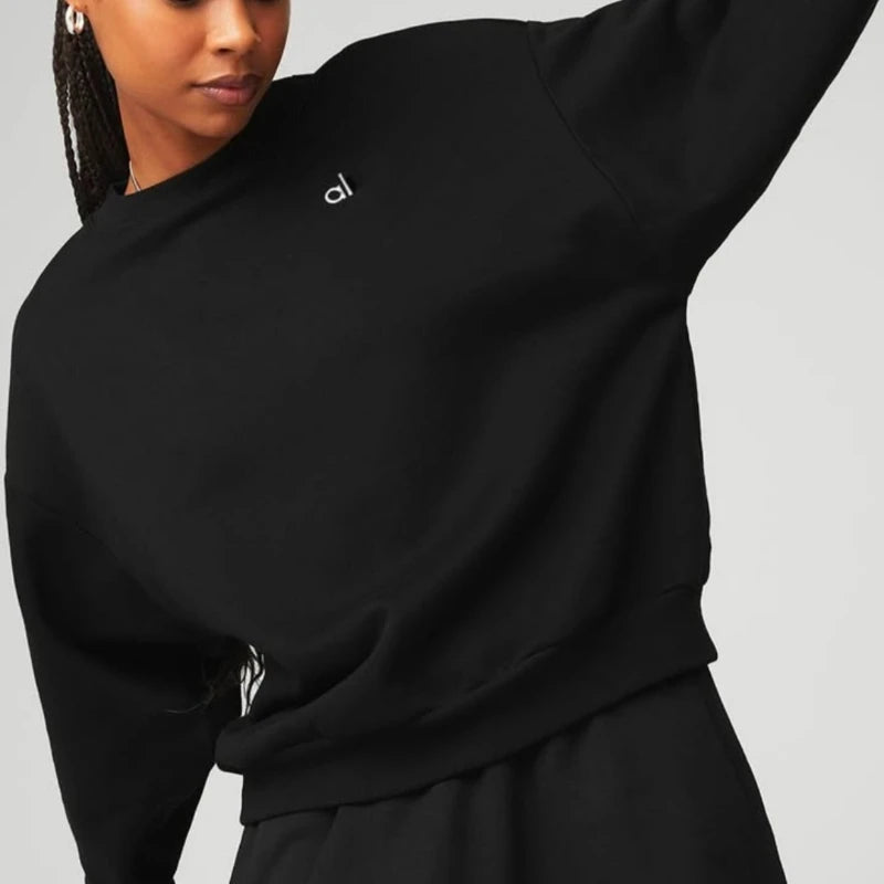 Autumn Women's Sweatshirts Casual New Loose Long-sleeved Pullovers Women Solid Color Black Sports Crew-neck Hoodies Gym Tops