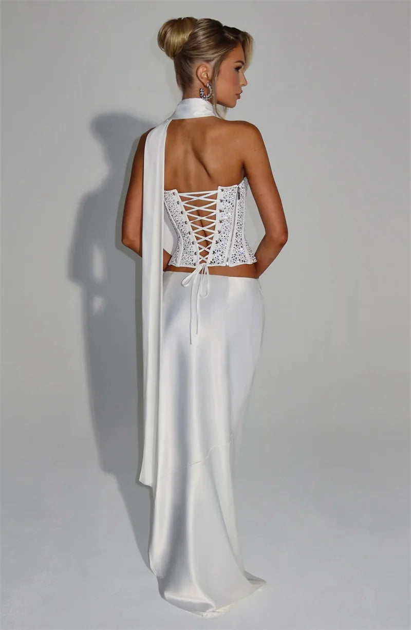 Mozision Sequins Sexy Dress Set Women Sparkle Scarf Collar Crop Tops And Maxi Skirt Elegant Club Party Satin Skirt Matching Set