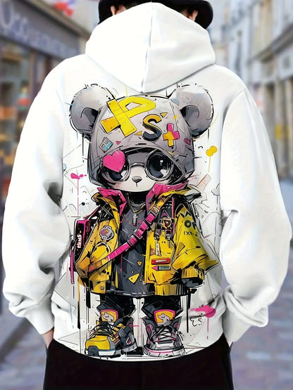 2025 New Men's Autumn Fashion Cartoon Bear Printed Soft and Comfortable Hoodie Suitable for Outdoor Street Wear