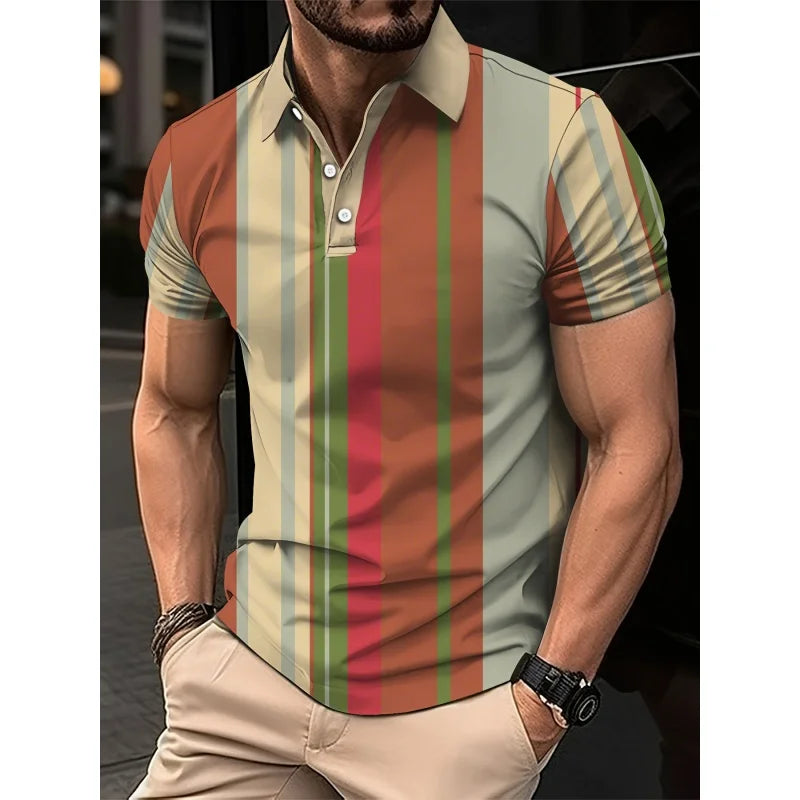 3D Print Stripes Color Block Polo Shirt For Men Colorful Pattern T-Shirts Summer Loose Street Lapel Top Button Short Sleeve Tees
