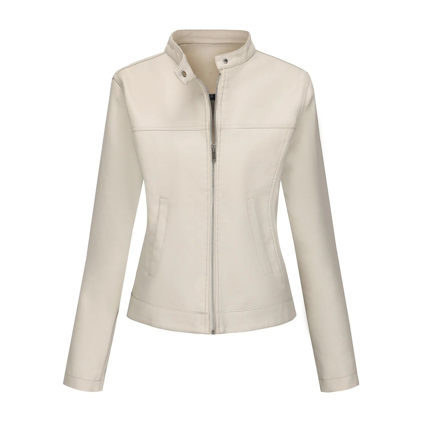 Black Women's Fitted Leather Jacket with Front Zipper & Side Pockets‌, Available in Brown, Navy Blue, and Beige.