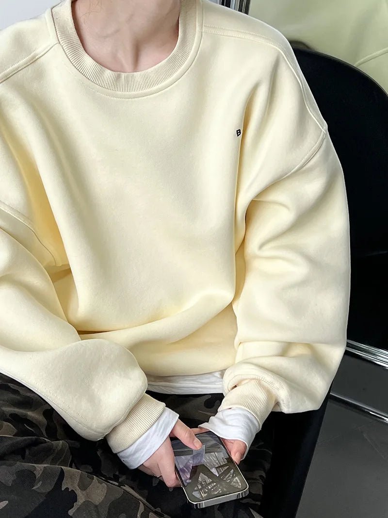 NS Pure Color Lazy Loose BF Hoodie Women's Simple Shape Sweatshirt Long Sleeve Letter Embroidery Top Casual Style Cotton Blend