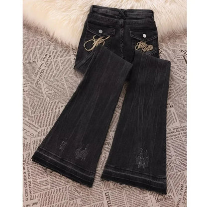 American Retro Low-waisted Jeans Female Autumn New Embroidery Old Casual Fashion Temperament Slim Joker Bell Bottoms.