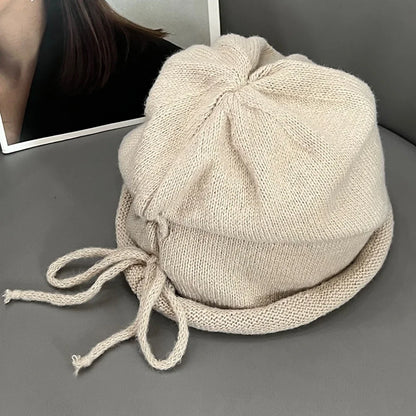 Fashion Drawstring Baggy Slouchy Beanie For Women Autumn Winter Ear Warm Skullies Cap Solid Color Bonnet Girl Kintted Woolen Hat