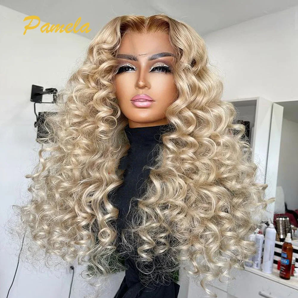 250% Density 613 Blonde Deep Wave 13x4 HD Transparent Lace Frontal Glueless Wig Human Hair Preplucked Ready To Wear For Women