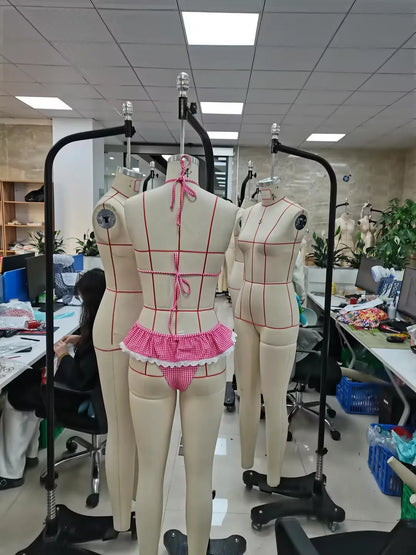 Combhasaki Women 2Piece Bikini Set Fashion Lace-up Halter Neck Frill Trim Padded Bra + Thong Skirt Swimsuits Summer Bathing Suit