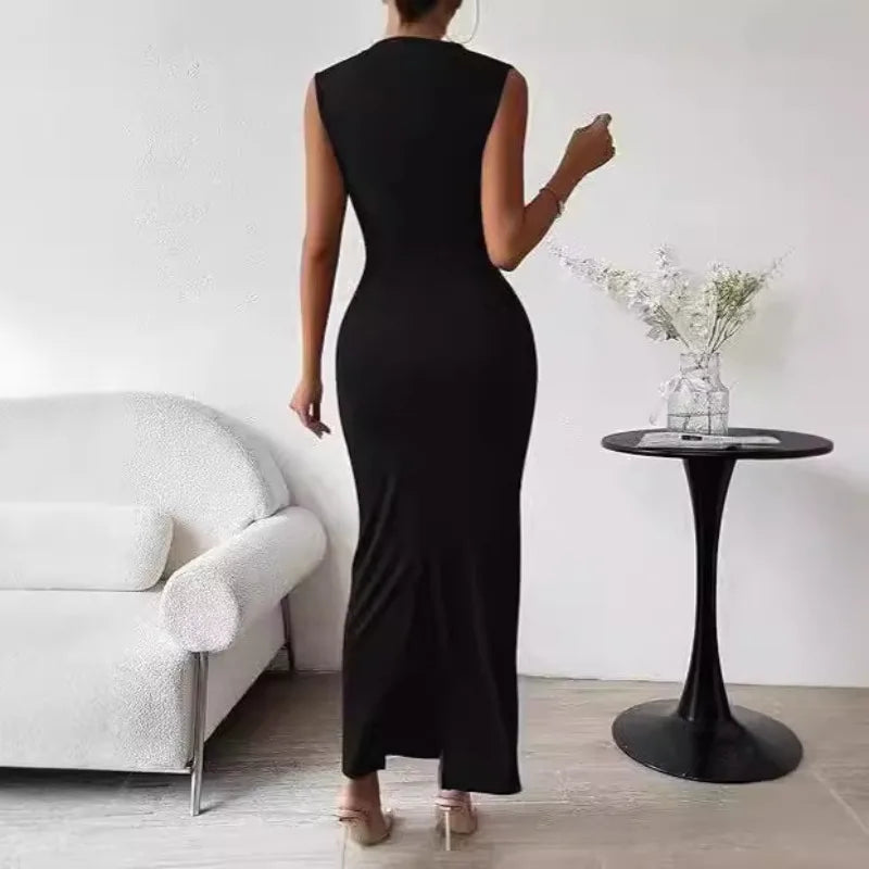 Women Plus Size Elegant Ruched Bodycon Dress Euro Sexy Sleeveless Layering Stretchy Coat Inner Party Outfit Fashion Basic Dress