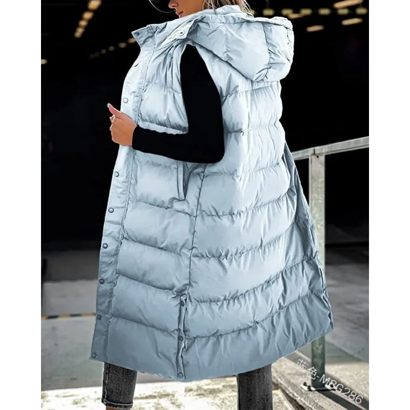 Women Solid Loose Zip Cardigan Parkas 2023 Autumn Winter Parkas Vest Coat Women Sleeveless Hooded Single Breasted Long Vest Coat