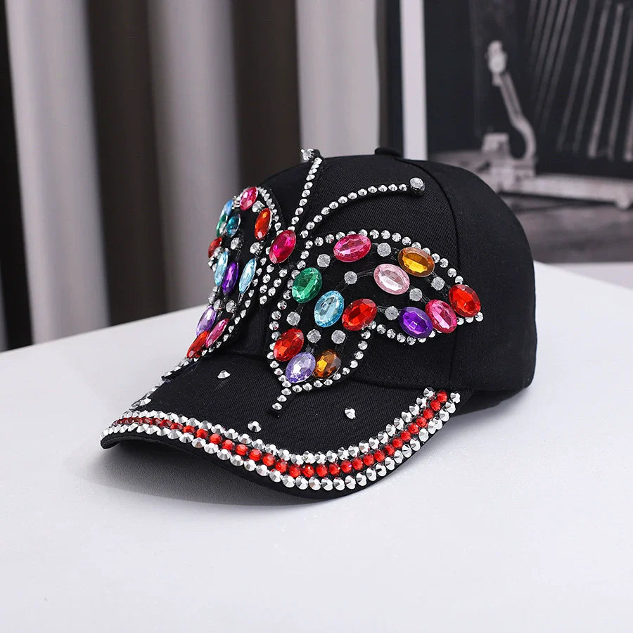 Fashionable And Versatile Outdoor Casual Baseball Cap With Colorful Diamond Inlay, Trendy Butterfly, Middle-Aged Duckbill Cap