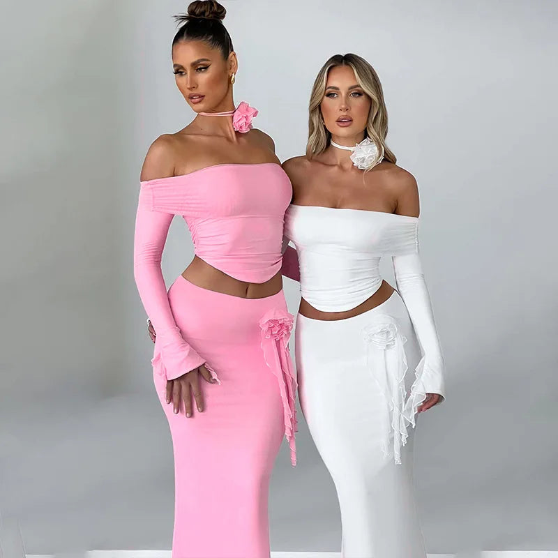 TARUXY Flower Bodycon Skirt Sets Women Slim Sexy Backless Lace Up Tops Women's Party Elegant Dress 2 Piece Womens Suits Outfits