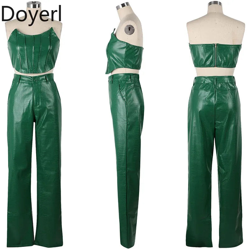 PU Faux Leather 2 Pieces Set for Woman Outfit Birthday Party Club Sleeveless Strapless Crop Top and Wide Leg Pants Matching Sets