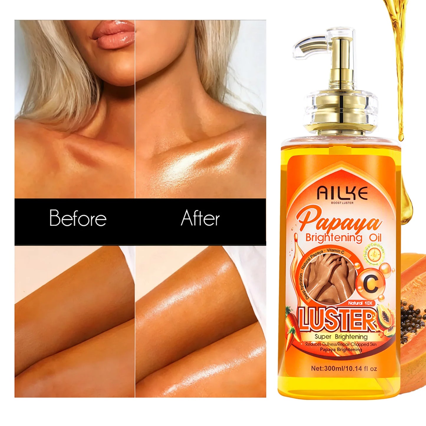 AILKE Whitening Body Oil, Moisturizing, Nourishing, Smooth Skin, Reduce Dark Spots, Suitable For All Skin Types, 300ml
